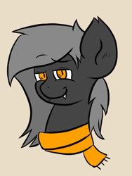 Size: 600x800 | Tagged: safe, artist:tranzmuteproductions, oc, oc only, oc:tranzmute, bat pony, pony, bat pony oc, bust, clothes, fangs, male, scarf, simple background, slit pupils, smiling, solo, stallion, yellow background