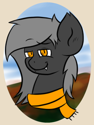 Size: 600x800 | Tagged: safe, alternate version, artist:tranzmuteproductions, oc, oc only, oc:tranzmute, bat pony, pony, bat pony oc, bust, clothes, fangs, male, scarf, slit pupils, smiling, solo, stallion