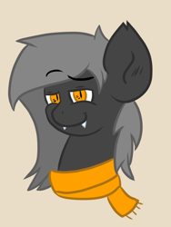 Size: 600x800 | Tagged: safe, alternate version, artist:tranzmuteproductions, oc, oc only, oc:tranzmute, bat pony, pony, bat pony oc, bust, clothes, fangs, male, scarf, simple background, slit pupils, smiling, solo, stallion, yellow background