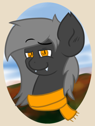 Size: 600x800 | Tagged: safe, alternate version, artist:tranzmuteproductions, oc, oc only, oc:tranzmute, bat pony, pony, bat pony oc, bust, clothes, fangs, male, scarf, slit pupils, smiling, solo, stallion