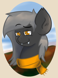 Size: 600x800 | Tagged: safe, alternate version, artist:tranzmuteproductions, oc, oc only, oc:tranzmute, bat pony, pony, bat pony oc, bust, clothes, fangs, male, scarf, slit pupils, smiling, solo, stallion