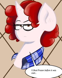 Size: 600x752 | Tagged: safe, artist:tranzmuteproductions, oc, oc only, oc:jess, pony, unicorn, abstract background, bust, clothes, glasses, horn, solo, talking, unamused, unicorn oc