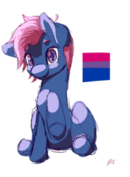 Size: 1412x1920 | Tagged: safe, artist:zombietator, oc, oc only, earth pony, pony, bisexual pride flag, earth pony oc, pride, pride flag, raised hoof, signature, simple background, solo, white background