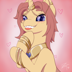 Size: 3000x3000 | Tagged: safe, artist:zombietator, oc, oc only, pony, unicorn, bracelet, bust, gradient background, heart, heart eyes, high res, horn, horn jewelry, horn ring, jewelry, peytral, ring, signature, solo, unicorn oc, wingding eyes