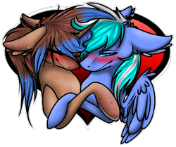 Size: 1458x1220 | Tagged: safe, artist:sketchytwi, oc, oc only, pegasus, pony, unicorn, blushing, bust, commission, ear fluff, floppy ears, heart, horn, hug, male, oc x oc, pegasus oc, shipping, simple background, smiling, stallion, transparent background, unicorn oc, wings, ych result