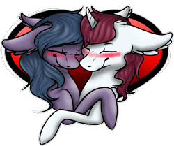 Size: 1458x1220 | Tagged: safe, artist:sketchytwi, oc, oc only, pony, unicorn, blushing, bust, commission, ear fluff, eyes closed, floppy ears, heart, horn, oc x oc, shipping, simple background, smiling, transparent background, unicorn oc, ych result