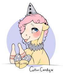 Size: 978x1189 | Tagged: safe, artist:royvdhel-art, oc, oc only, oc:cotton candy, earth pony, pony, :p, abstract background, bust, choker, clown, crying, earth pony oc, hat, male, smiling, solo, stallion, tongue out, unshorn fetlocks