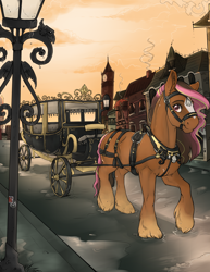 Size: 1700x2200 | Tagged: safe, artist:royvdhel-art, oc, oc only, oc:miri aeronwen, earth pony, pony, adventure in the comments, blaze (coat marking), breeching, brown coat, building, carriage, coat markings, earth pony oc, facial markings, featured image, female, gradient legs, harness, hoers, hoof fluff, lantern, long feather, mare, multicolored hair, outdoors, pink eyes, pink mane, smiling, solo, stagecoach, street, street lamp, tack, unshorn fetlocks