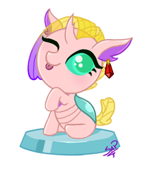 Size: 528x620 | Tagged: safe, artist:cuervo-of-cristal, oc, oc only, changedling, changeling, :p, changedling oc, changeling oc, chibi, ear piercing, eyelashes, female, one eye closed, piercing, pocket ponies, raised hoof, signature, simple background, solo, tongue out, white background, wink