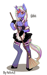 Size: 1292x2048 | Tagged: safe, artist:rellakill, derpibooru exclusive, oc, oc only, oc:serene secrets, unicorn, semi-anthro, :p, arm hooves, broom, chest fluff, chinese, clothes, crossdressing, horn, maid, male, simple background, solo, standing up, tongue out, unicorn oc, white background