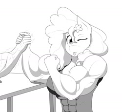 Size: 1978x1822 | Tagged: safe, artist:matchstickman, pear butter, anthro, g4, arm wrestling, breasts, busty pear butter, muscles, offscreen character, pear buffer