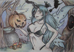 Size: 1600x1123 | Tagged: safe, artist:zumilian, queen chrysalis, human, g4, bikini, breasts, broom, cauldron, clothes, elf ears, female, flying, flying broomstick, halloween, holiday, horn, horned humanization, humanized, jack-o-lantern, moon, pinup, pumpkin, solo, swimsuit, traditional art, tree, winged humanization, wings
