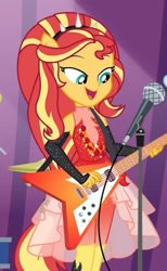 Size: 771x1253 | Tagged: safe, screencap, sunset shimmer, equestria girls, equestria girls specials, g4, my little pony equestria girls: better together, my little pony equestria girls: rollercoaster of friendship, cropped, electric guitar, female, guitar, microphone, microphone stand, musical instrument, ponied up, solo, super ponied up