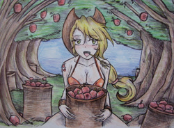 Size: 1600x1175 | Tagged: safe, artist:zumilian, applejack, human, g4, alternative cutie mark placement, apple, apple barrel, apple basket, apple tree, applejack's hat, breasts, busty applejack, cleavage, cowboy hat, female, food, hat, hay stalk, humanized, looking at you, open mouth, open smile, shoulder cutie mark, smiling, solo, straw in mouth, traditional art, tree