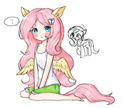 Size: 956x838 | Tagged: safe, artist:dddreamdraw, fluttershy, human, pegasus, pony, g4, blushing, cute, eared humanization, humanized, question mark, self paradox, self ponidox, shyabetes, sleeveless, tail, tailed humanization, winged humanization, wings