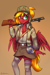 Size: 2000x3000 | Tagged: safe, artist:jedayskayvoker, oc, oc only, oc:moonatik, pegasus, anthro, clothes, crossdressing, cute, gradient background, gun, high res, jacket, looking at you, male, ppsh-41, skirt, solo, stallion, stockings, thigh highs, weapon