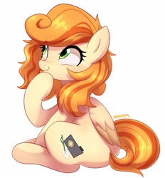 Size: 2002x2160 | Tagged: safe, artist:maren, oc, oc only, oc:megan rouge, pegasus, pony, freckles, green eyes, high res, looking up, redhead, simple background, sitting, smiling, solo, tongue out, white background