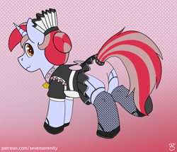 Size: 2269x1952 | Tagged: safe, artist:sevenserenity, oc, oc only, oc:cinnamon lightning, pony, clothes, crossdressing, cute, dress, female to male, maid, male, outfit, patreon, patreon reward, rule 63, solo, stallion