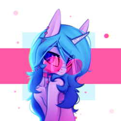 Size: 1228x1228 | Tagged: safe, artist:justafallingstar, izzy moonbow, pony, unicorn, g5, my little pony: a new generation, abstract background, bust, choker, colored sketch, female, glasses, head turned, looking at you, mare, piercing, pink glasses, portrait, round glasses, sketch, smiling, solo