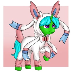 Size: 700x700 | Tagged: safe, artist:micaza_, oc, oc only, oc:green byte, pony, sylveon, unicorn, clothes, commission, hoodie, male, pokémon, solo, stallion, ych result