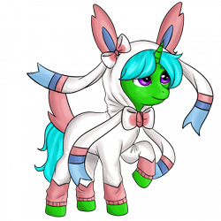 Size: 700x700 | Tagged: safe, artist:micaza_, oc, oc only, oc:green byte, pony, sylveon, unicorn, clothes, commission, hoodie, male, pokémon, simple background, solo, stallion, transparent background, ych result