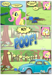 Size: 868x1230 | Tagged: safe, alternate version, artist:dziadek1990, edit, edited screencap, screencap, fluttershy, beetle, insect, pegasus, pony, filli vanilli, fluttershy leans in, g4, stare master, big no, car, comic, confused, conversation, crying, dialogue, inanimate tf, panic, poison joke, pun, scared, screencap comic, tears of fear, terrified, text, transformation, visual pun, volkswagen, volkswagen beetle, wat