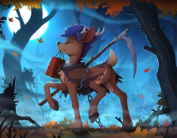 Size: 2300x1790 | Tagged: safe, artist:yakovlev-vad, oc, oc only, oc:arny, deer, deer pony, original species, peryton, butt, chains, collar, colored belly, forest, leaves, moon, pale belly, plot, scythe, slender, solo, strut, strutting, thin, tree