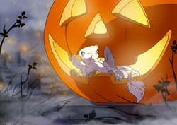 Size: 3507x2481 | Tagged: safe, artist:arctic-fox, oc, oc only, oc:der, griffon, griffon oc, halloween, high res, holiday, jack-o-lantern, pumpkin, solo