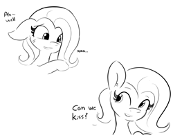 Size: 4412x3557 | Tagged: safe, artist:tjpones, fluttershy, pegasus, pony, comic:making the most, g4, belly button, black and white, blushing, comic, dialogue, explicit source, female, floppy ears, grayscale, implied appleshy, implied lesbian, implied shipping, lineart, mare, monochrome, simple background, solo, spread legs, spreading, white background