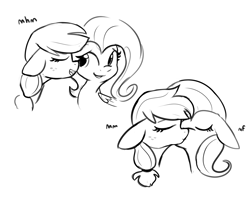 Size: 4412x3557 | Tagged: safe, artist:tjpones, applejack, fluttershy, earth pony, pegasus, pony, comic:making the most, g4, belly button, black and white, bust, comic, dialogue, explicit source, eyes closed, female, floppy ears, grayscale, intersex, kissing, lesbian, lineart, mare, monochrome, ship:appleshy, shipping, simple background, white background