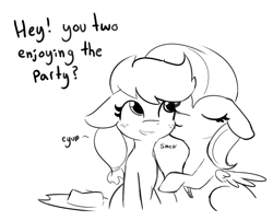 Size: 4412x3557 | Tagged: safe, artist:tjpones, applejack, fluttershy, earth pony, pegasus, pony, comic:making the most, g4, belly button, black and white, cheek kiss, comic, dialogue, eeyup, explicit source, eyes closed, female, floppy ears, grayscale, kissing, lineart, mare, monochrome, ship:appleshy, shipping, simple background, white background