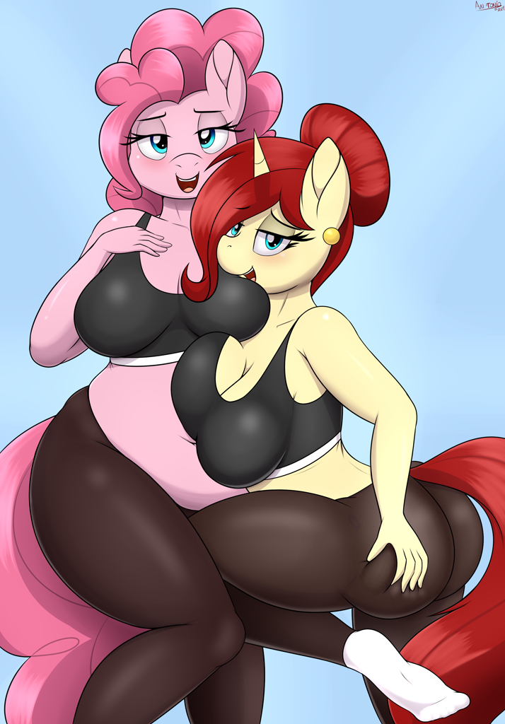 2724901 - suggestive, artist:an-tonio, pinkie pie, oc, oc:golden brooch,  earth pony, unicorn, anthro, ass, bedroom eyes, belly, belly button, breast  squish, breasts, busty golden brooch, busty pinkie pie, butt, butt grab,  butt