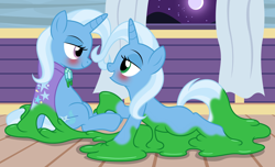 Size: 3156x1914 | Tagged: safe, artist:badumsquish, derpibooru exclusive, trixie, oc, goo, goo pony, original species, pony, succublob, succubus, unicorn, alternate eye color, bed, bedroom eyes, blushing, canon x oc, curtains, eye contact, female, flirting, green eyes, high res, horn, imminent sex, lesbian, living clothes, looking at each other, mare, melting, missing cutie mark, moon, narcissism, one eye closed, open mouth, open smile, purple eyes, self ponidox, selfcest, shapeshifting, shipping, sitting, slime, smiling, smiling at each other, smirk, tail, trixie's wagon, twinning, window