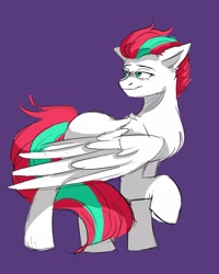 Size: 1728x2160 | Tagged: safe, artist:immadout, zipp storm, pegasus, pony, g5, my little pony: a new generation, spoiler:my little pony: a new generation, ear fluff, female, looking back, mare, purple background, raised hoof, simple background, sketch, solo, standing, tail, teal eyes, two toned mane, two toned tail, wings