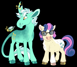 Size: 1500x1314 | Tagged: safe, artist:owlcoholik, bon bon, lyra heartstrings, sweetie drops, earth pony, pony, unicorn, g4, black background, chibi, coat markings, curved horn, glasses, height difference, hoers, horn, leonine tail, magic, redesign, simple background, tail