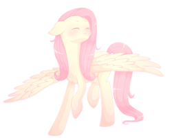 Size: 2924x2352 | Tagged: dead source, safe, artist:poncorn, fluttershy, pegasus, pony, g4, blushing, chest fluff, cute, eyes closed, female, floppy ears, happy, high res, mare, raised hoof, raised leg, shyabetes, simple background, smiling, solo, spread wings, standing, turned head, white background, wings