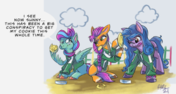 Size: 1563x836 | Tagged: safe, artist:lytlethelemur, izzy moonbow, sunny starscout, oc, oc:gimbal lock, earth pony, pegasus, pony, unicorn, g5, my little pony: a new generation, clothes, crossover, dalgona, eating, jacket, netflix, squid game, tongue out, wing hold, wings