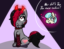 Size: 1300x1000 | Tagged: safe, artist:lazerblues, coco pommel, oc, oc:miss eri, earth pony, pony, g4, black and red mane, collar, devil horns, fishnet stockings, horns, one eye closed, two toned mane, wink