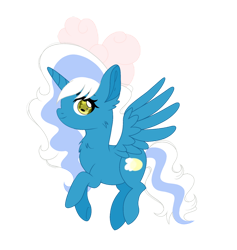 Size: 800x843 | Tagged: safe, artist:find-new-roads, oc, oc only, oc:fleurbelle, alicorn, pony, alicorn oc, bow, chest fluff, chibi, ear fluff, eyelashes, female, flying, hair bow, horn, mare, simple background, solo, spread wings, tail, transparent background, two toned mane, two toned tail, wings, yellow eyes