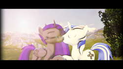 Size: 3840x2160 | Tagged: safe, artist:scratch_wub, oc, oc only, oc:etheria galaxia, oc:scratch wub, alicorn, pony, 3d, alicorn oc, duo, eyes closed, high res, holding hooves, horn, kissing, lens flare, letterboxing, male, outdoors, ship:scratchtheria, shipping, stallion, widescreen, wings