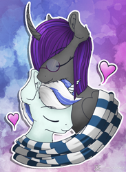 Size: 900x1227 | Tagged: safe, artist:etheria galaxia, derpibooru exclusive, oc, oc only, oc:etheria galaxia, oc:scratch wub, alicorn, pony, unicorn, alicorn oc, anniversary, clothes, cute, duo, female, glasses, heart, horn, love, male, mare, scarf, shared clothing, shared scarf, ship:scratchtheria, shipping, stallion, wings