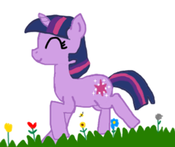 Size: 804x676 | Tagged: safe, artist:strelokfaggot, twilight sparkle, bee, insect, pony, unicorn, g4, flower, grass, prancing, running, simple, simple background, solo, unicorn twilight, white background