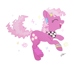 Size: 900x800 | Tagged: safe, artist:sion, cheerilee, earth pony, pony, g4, 80s, 80s cheerilee, adorkable, bracelet, braces, cheeribetes, clothes, cute, dork, eyes closed, female, flower, jewelry, leg warmers, mare, open mouth, ponytober, profile, simple background, solo, white background