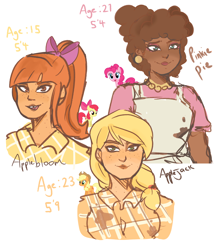 Size: 1954x2225 | Tagged: safe, artist:charrlll, apple bloom, applejack, pinkie pie, human, g4, apron, bow, clothes, cutie mark crusaders, dark skin, female, humanized, natural hair color, simple background, white background