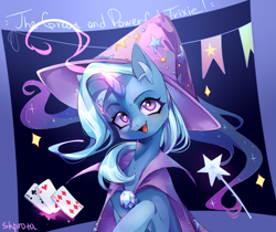 Size: 1250x1050 | Tagged: safe, artist:shpr0ta, trixie, pony, unicorn, g4, banner, brooch, cape, clothes, ear fluff, female, glowing, glowing horn, hat, horn, jewelry, magic, magic wand, mare, open mouth, playing card, solo, telekinesis, trixie's brooch, trixie's cape, trixie's hat