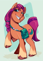 Size: 2480x3508 | Tagged: safe, artist:kaola_rivas, sunny starscout, earth pony, pony, g5, my little pony: a new generation, female, high res, mare, pin, satchel, smiling, solo