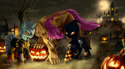 Size: 2000x1100 | Tagged: safe, artist:darksly, scootaloo, oc, hengstwolf, pegasus, pony, unicorn, werewolf, g4, castle, clothes, cloud, commission, dark sky, dirt road, full moon, halloween, holiday, jack-o-lantern, moon, not lyra, pumpkin, raised hoof, scootawolf, sky, species swap, trio