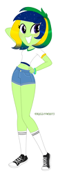 Size: 1140x2836 | Tagged: safe, artist:kellysweet1, oc, oc only, oc:maria potranca, equestria girls, g4, belly button, blushing, bracelet, clothes, commission, converse, equestria girls-ified, female, grin, jewelry, midriff, shirt, shoes, shorts, simple background, smiling, sneakers, socks, solo, t-shirt, transparent background, wristband