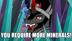 Size: 600x338 | Tagged: safe, edit, edited screencap, screencap, king sombra, tree of harmony, pony, g4, the beginning of the end, caption, crystal, image macro, male, meme, smug, solo, stallion, starcraft, text, that pony sure does love crystals, troll