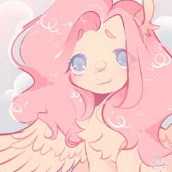 Size: 1700x1700 | Tagged: safe, artist:poofu_, fluttershy, pegasus, pony, g4, bust, chest fluff, cloud, cute, ear fluff, female, looking at you, mare, no pupils, portrait, shyabetes, solo, spread wings, wings